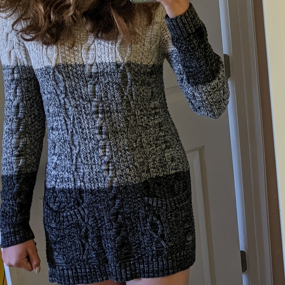 Small, gray, sweater dress by Jeanne Pierre